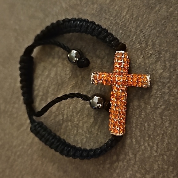 3/$30 Orange Paved Rhinestone Cross Macrame Adjustable Slide Bracelet - Picture 2 of 5